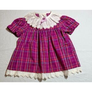 Vintage girls dress size 2/3T dark pink plaid with eyelets lace trim & collar.